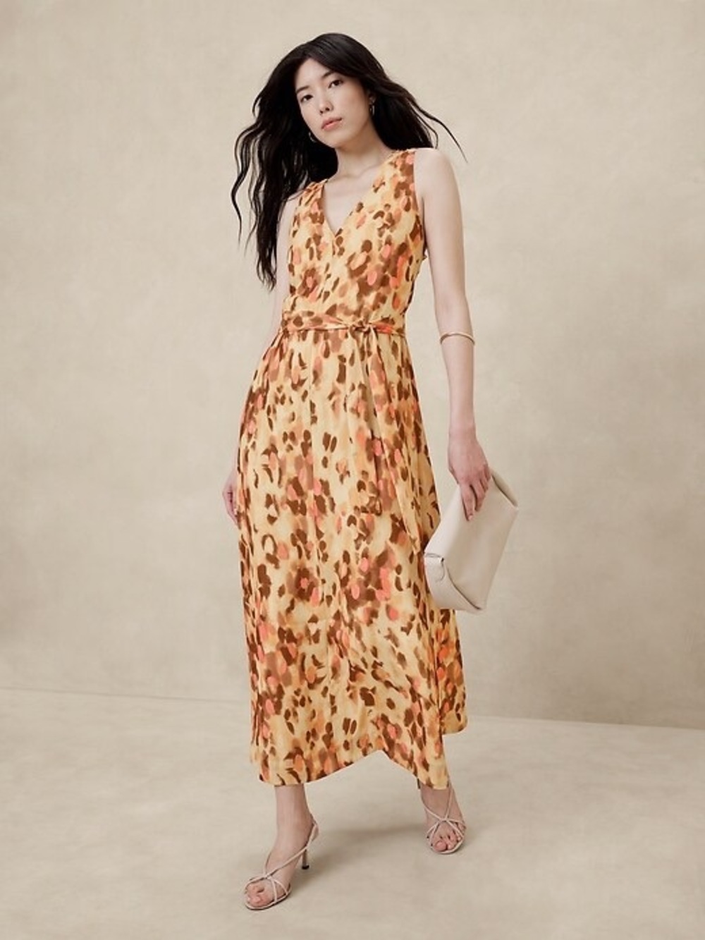 Banana Republic Pink and Brown Printed V-Neck Maxi Dress
